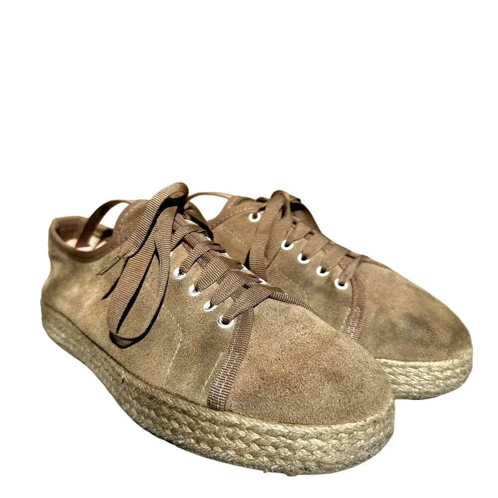 Sundance Ashbury Lace Up Espadrilles Sneakers Low Top Suede Leather Tan 38 7.5
